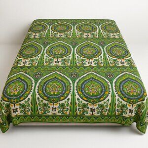 Vintage Bates Bedspread Double Size – Mid-Century Mod Green Boho Paisley Floral
